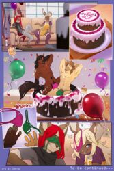 balloon birthday_cake buck_(sergeantbuck) bulge cake clothing comic drunk ear_piercing feline food fur furry furry_only girly group hair hi_res iskra lagomorph lexus_(lexusbun) male mammal pants piercing rabbit red_hair ryan_moonshadow shirt sledge sofa