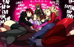 1boy 5girls ann_takamaki ann_takamaki_(panther) ass between_legs big_ass biker_clothes black_bodysuit black_boots black_jacket black_pantyhose black_ribbon blonde_hair blue_bodysuit blue_eyes blush bodysuit boots braid brown_hair catsuit clothed_female_nude_male cooperative_handjob countdown crown_braid english_text female femdom gloved_handjob gloves goggles goggles_on_head grey_boots hair_ribbon handjob haru_okumura haru_okumura_(noir) held_down highres insult jacket kasumi_yoshizawa kasumi_yoshizawa_(violet) knee_spikes latex long_hair makoto_niijima makoto_niijima_(queen) male masochism medium_hair megami_tensei mosbles motion_blur motion_lines multiple_females multiple_girls nude open_mouth orange_hair pantyhose persona persona_5 persona_5_royal phantom_thief_suit pink_gloves pink_skirt pink_sweater pleated_skirt ponytail precum purple_gloves purple_skirt red_bodysuit red_boots red_eyes red_gloves red_goggles red_hair restrained ribbon sakura_futaba sakura_futaba_(oracle) shaded_face short_hair shoulder_spikes skirt sound_effects spikes spread_legs straight sumire_yoshizawa sumire_yoshizawa_(violet) sweat sweater teamwork_(sexual) testicles thigh_boots trapped twintails white_gloves
