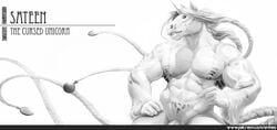 1boy abs anhes anthro biceps big_muscles bodypaint equine fur hair horn male male_only mammal monochrome muscular nipples nude pecs penis solo teeth unicorn vein