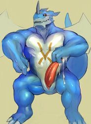 1boy abs animal_genitalia animal_penis anthro cloaca cum digimon erection exveemon iceman1984 looking_at_viewer male male_only muscular orgasm pecs penis simple_background solo yellow_background