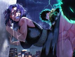 1boy 1girls against_wall age_difference artist_name aura black_dress boku_no_hero_academia breasts chromatic_aberration city clauschristmas2 clenched_teeth clitoral_hood clitoris cloud cloudy_sky commentary deku dress female from_below glowing glowing_eyes green-haired_male green_hair hands_up highres izuku_midoriya lady_nagant large_breasts leg_up lightning looking_at_another looking_back male midoriya_izuku my_hero_academia no_panties outdoors penis purple-haired_female purple_hair pussy rain sex sex_from_behind sky standing standing_sex straight teeth toned toned_male uncensored vaginal_penetration watermark wet