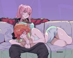 1futa 1girls casual casual_sex clothed couch dickgirl eyes_closed fellatio futa_with_female futanari hololive hololive_english large_breasts mori_calliope orange_hair penis pink_hair pomuya red_eyes sex takanashi_kiara uncensored virtual_youtuber yuri