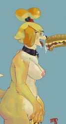 animal_crossing breasts canine collar eyewear female food glasses isabelle_(animal_crossing) mammal newd nintendo nipples open_mouth sandwich simple_background smile solo subway_(franchise) subway_eat_fresh_(meme) tongue tongue_out video_games