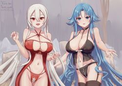 2girls artist_name azur_lane babydoll bare_shoulders black_babydoll black_choker black_panties black_thighhighs blue_eyes blue_hair breasts cg choker cleavage collarbone cowboy_shot crotchless crotchless_panties dated female garter_straps hair_between_eyes large_breasts lingerie long_hair looking_at_viewer multiple_females multiple_girls navel official_alternate_costume open_mouth panties pillow red_eyes red_panties sleepwear smile sovetskaya_belorussiya_(azur_lane) sovetskaya_belorussiya_(relaxation_stratagem)_(azur_lane) sovetskaya_rossiya_(azur_lane) standing thighhighs underwear very_long_hair white_hair