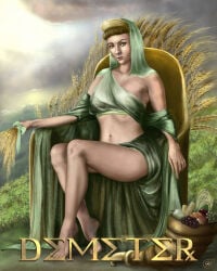 brunette brunette_hair crown demeter demeter_(mythology) fruit goddess greek_mythology green_clothing green_veil milf nature nature_background not_porn sexualized skimpy_clothes veil wheat wheat_field