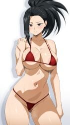1girls areola_slip ass big_ass big_breasts bikini black-haired_female black_eyes black_hair blush breasts female female_focus female_only fuooooo looking_at_viewer momo_yaoyorozu my_hero_academia navel ponytail smile solo solo_female solo_focus sweat swimsuit thick_thighs