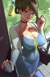 1girls 2025 2d 2d_(artwork) absurdres asian asian_female bag breasts brown_eyes brown_hair capcom chinese chinese_female choker chun-li cleavage clothed clothed_female cloudy_rain4 collarbone covered_erect_nipples dongtan_dress doorway dress female female_only hair_bun hair_ornament handbag highres human human_only large_breasts light-skinned_female light_skin looking_at_viewer nail_polish open_door opening_door panties panties_visible_through_clothes pov questionable red_nails ribbon sfw solo solo_female standing street_fighter street_fighter_6 voluptuous yellow_ribbon