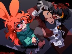 2025 2girls artist_name background bangs bangs_over_eyes big_breasts black_border black_hair blushed breasts bunny_ears chair cleavage commission duo female female_only glasses hair_over_eyes huge_breasts long_hair looking_away medium_hair multicolored_hair orange_hair original_character original_characters pixel_art round_glasses sitting sitting_on_table sweater table tagme tamaco teeth teeth_showing thick_thighs thighhighs thighs tongue tongue_out yuri