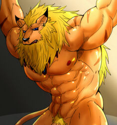 2016 abs armpits arms_above_head biceps big_muscles black_nose blue_eyes brown_fur digimon ear_piercing eurobeat feline fur half-closed_eyes hi_res leomon lion looking_at_viewer male male_only mammal mane muscular muscular_male navel nipples nude open_mouth pecs penis piercing pointy_ears pubes solo teeth vein veiny_penis