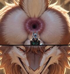 ai_generated anal anal_vore animated anthro anus anus_focus ass aurugy balls big_anus big_butt blue_body blue_fur brown_body brown_fur canid canine canis duo evil_grin fur furry furry_only gaping gaping_anus genitals imminent_vore macro male male/male mammal micro scared sergal short_playtime size_difference smile surprise tagme video vore wolf