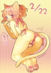 ass blush breasts feline feline female hair heart kiichi mammal paws presenting presenting_hindquarters pussy ribbons text