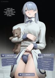 1girls ak-15_(girls'_frontline) blush bow_panties breasts cameltoe choker cosplay creepy_mita_(miside) dress dress_lift game_cg girls'_frontline grey_hair hair_over_one_eye hi_res holding_object j_adsen large_breasts miside nail_polish panties parted_lips pubic_hair purple_eyes solo solo_female string_panties teddy_bear teeth text underwear white_dress