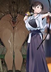 1girls 2d absurdres archery arrow_(projectile) ass bar_censor bent_over blue_hakama blurry blurry_background bow_(weapon) bow_and_arrow breasts brown_eyes brown_hair censored closed_mouth color commentary dark-skinned_male drawing_bow emphasis_lines expressionless feet_out_of_frame female female_focus full_color gloves hakama hakama_skirt highres holding holding_arrow holding_bow_(weapon) holding_weapon japanese_clothes kimono large_breasts medium_hair motion_blur muneate original paid_reward_available partially_fingerless_gloves ponytail poriuretan pussy_juice sex sex_from_behind skirt solo_focus standing straight straight_sex sweat testicles trembling vaginal vaginal_penetration vaginal_sex weapon white_kimono wide_sleeves yugake
