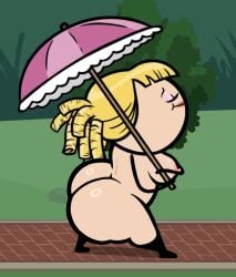 big_ass black_arms blonde_hair brick_road bushes closed_eyes cyanide_and_happiness dumpy edited edited_official_artwork eyeshadow fat_ass female female_only hair_bang holding_umbrella japansadface naked_female naked_woman official_art pink_lips public_nudity sideboob sketch smiling thick_thighs umbrella unfazed walking white_female