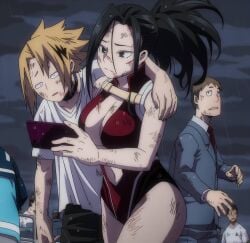 1boy 1girls anime_screencap ass big_ass big_breasts breasts denki_kaminari female hero_outfit_(mha) heroine leotard male momo_yaoyorozu my_hero_academia screencap thick_thighs thighs third-party_edit torn_clothes