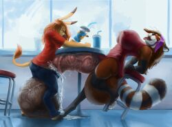 absurd_res ailurid animal_genitalia animal_penis anthro asinus balls balls_expansion balls_inflation big_balls big_breasts big_penis biped bodily_fluids bottomwear breasts canid canine chair clothing container cum cum_exchange cum_in_penis cum_inside cup denim denim_bottomwear denim_clothing docking donkey dress drinking duo equid equine equine_genitalia equine_penis erection erection_under_clothing expansion eyewear furniture futanari genital_expansion genital_fluids genitals glasses gynomorph gynomorph/male herm_(lore) hi_res hooves huge_balls huge_breasts huge_cock hyper hyper_balls hyper_genitalia hyper_penis ineffective_clothing intersex intersex/male jeans julmara_(character) male male_on_futa mammal nib-roc orgasm oversized_balls pants pawpads penetration penile penile_penetration penis pink_pawpads public public_sex raccoon_dog red_panda side_view sitting table tanuki tongue tongue_out under_the_table urethral urethral_penetration vein veiny_balls veiny_penis