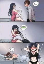 1boy 1girls after_sex arms_up ass battery battery_indicator bed before_and_after before_sex belly belly_button big_breasts blush breasts curvy curvy_body curvy_female face_in_breast face_on_breast fatigue female female_focus female_only in_love long_hair male open_mouth pillow sheets tired tired_expression tired_eyes tired_look tremble_lines trembling