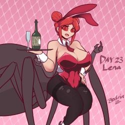 4_arms arachne arthropod_girl big_breasts breasts bunny_ears bunnysuit compound_eyes fishnets hairbuns leena_(luxurias) multi_eye original_character red_eyes red_hair serving_beverage serving_drink serving_tray spider_girl zedrin