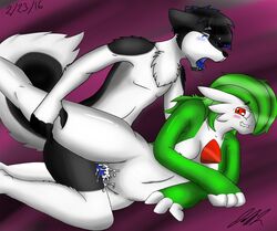 1boy 1girls abstract_background anthro blue_eyes blush breasts canine celeste_(jeffthehusky) cum cum_in_pussy cum_inside drooling duo female female_gardevoir femsub fur gardevoir green_skin husky interspecies jeffthehusky lexros_rayzr male male_anthro maledom mammal messy nintendo orgasm penis pokemon pokemon_(species) pokemon_rse pokephilia pussy red_eyes saliva sex straight white_fur white_skin