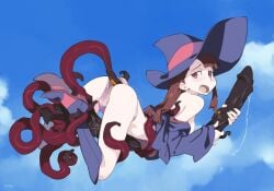 1girls akko_kagari ass assisted_exposure blue_boots blue_hat blue_sky boots breasts broom broom_riding brown_eyes brown_hair butt cameltoe clothed cloud day dubious_consent female female_focus flying flying_broom hat highres imminent_penetration imminent_sex imminent_tentacle_sex kagari_atsuko little_witch_academia long_hair open_mouth optionaltypo outdoors panties pink_panties pussy pussy_juice pussy_juice_drip questionable_consent sky small_breasts solo teenage_female teenage_girl teenager tentacle thighs uncensored underwear undressed witch_hat