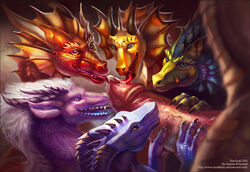 blue_eyes blue_feathers blue_scales cum detailed_background dragon feathers female fur gold_scales green_scales hair handjob horn human human_penetrating macro male oral penis playing purple_fur rainbow red-izak red_scales scales scalie size_difference straight white_hair yellow_eyes yellow_pupils