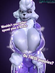 3d_(artwork) absurd_res anthro big_breasts blue_eyes breasts canid canine canis cleavage clothed clothing dialogue digit_ring digital_media_(artwork) domestic_dog english_text female finger_ring fortnite fur hi_res huge_breasts jewelry lady_poodlina mammal poodle purple_background simple_background smile solo teknotyk text thick_thighs twilightv0ids_(modeler) white_body white_fur wide_hips