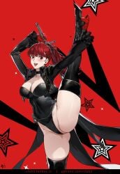 :d black_boots black_jacket black_leotard boots breasts cleavage club3 coattails female gloves highres jacket kasumi_yoshizawa large_breasts leotard long_hair looking_at_viewer open_mouth paid_reward_available partially_visible_vulva persona persona_5 persona_5_royal phantom_thief_suit ponytail red_background red_eyes red_gloves red_hair smile solo split standing standing_on_one_leg standing_split sumire_yoshizawa sumire_yoshizawa_(violet) thigh_boots