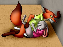 against_wall ambiguous_penetration anthro biting_lip blush bottomless canine clenched_teeth closed_eyes clothed clothed_sex clothes clothing disney drooling duo female fox green_eyes hi_res judy_hopps lagomorph male mammal nick_wilde pain penetration rabbit saliva sex straight tears teeth wasajoke zootopia