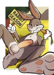absurd_res anthro anus ass bedroom_eyes bugs_bunny carrot chozogoat erection feet food foot_focus foreskin genitals grass hi_res hill holding_object humanoid_genitalia humanoid_penis lagomorph leporid looney_tunes lying male mammal narrowed_eyes on_back on_ground outside penis plant presenting presenting_anus presenting_hindquarters presenting_penis rabbit rabbit_season seductive sign solo sunset text tree vegetable warner_brothers whiskers