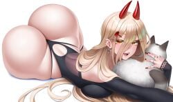 1girls ass big_ass blonde_hair bottom_heavy breasts bubble_butt cat chainsaw_man clothing fat_ass female female_only horns huge_ass large_ass looking_at_viewer luunamito lying lying_on_stomach massive_ass pet png power_(chainsaw_man) solo thick_ass thick_thighs thunder_thighs wide_hips