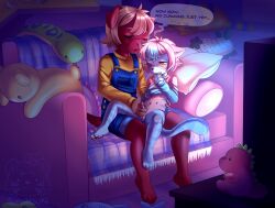 absurd_res aged_up color commission delayed_orgasm handjob multicolored_fur oc olive_higgins on_couch pillows purrfect_apawcalypse red_fur sitting_on_lap