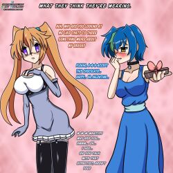 2girls artist_name bare_shoulders big_breasts black_stockings blue_dress blue_hair blush brainwashed breasts change_in_common_sense chocolate cleavage collar female_only green_strand_of_hair high_school_dxd hypnosis idpet large_breasts light_brown_hair long_gloves mind_control offering pixiv_url pixiv_username purple_eyes shidou_irina skirt stockings subscribestar_url subscribestar_username text twintails twintails_(hairstyle) twitter_url twitter_username valentine's_day xenovia_quarta yellow_eyes