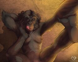 2015 anthro ape barefoot barely_visible_clitoris barely_visible_genitalia barely_visible_pussy bedroom_eyes biped bonobo breasts brown_eyes chimpanzee clitoris erect_nipples feet female feral foot_fetish fur furry genitals hair half-closed_eyes haplorhine hi_res looking_at_viewer lopori lying mammal monkey monkey_feet narrowed_eyes nipples nude on_back pan_(genus) pose prehensile_feet primate pussy raised_leg seductive smile solo tagme toes tongue vagabond