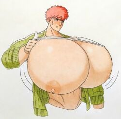 1boy bara bara_tiddies bara_tits big_breasts big_chest big_pecs breasts cnb2804 huge_breasts huge_chest huge_pecs male male_only pecs pink_hair presenting presenting_breasts presenting_pecs salmon_hair solo solo_male