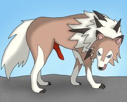 5:4 animal_genitalia animal_penis blue_eyes blue_sky canid canine canine_genitalia canine_penis canis claws erection feral fur generation_7_pokemon genitals hi_res knot looking_at_viewer lycanroc maklykan male mammal midday_lycanroc nintendo outside penis pokemon pokemon_(species) sky solo spikes tan_body tan_fur toe_claws tongue white_body white_fur wolf