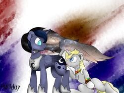 alicorn animal armor blonde_hair blue_eyes blue_fur bracelet cunnilingus ear_piercing equine fan_character friendship_is_magic fur grey_fur hair hi_res holliday_(artist) horn jewelry mammal masturbation my_little_pony necklace piercing princess_luna_(mlp) pussy unicorn wings