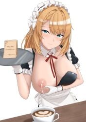 1girls big_breasts blonde_hair blue_eyes blush braid breasts breasts_out centaureissi_(girls'_frontline_2) cleavage closed_mouth clothing detached_collar female female_only g36_(girls'_frontline) girls'_frontline girls'_frontline_2:_exilium lactation large_breasts long_hair looking_at_viewer maid maid_headdress maid_uniform midori_mushi milk_drip milking_breasts nipples serving_tray smile tea_cup uniform