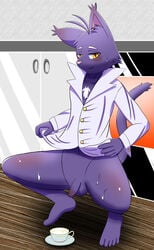 anthro ayasika balls bottomless clothed clothing feline fur hi_res looking_at_viewer male male_only mammal morenatsu peeing peeing_in_cup penis shin_(morenatsu) shirt simple_background solo uncut urinating urinating_male urination urine