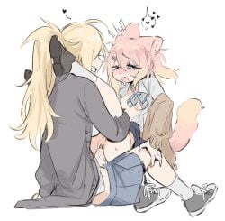 1futa 2girls blonde_hair breasts cat_ears cat_tail catgirl female futa_on_female futanari heart_symbol legs_on_shoulders penis pink_hair riding riding_penis school_uniform sharp_teeth thighs