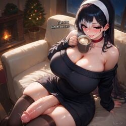 1futa absurdres ai_generated amiiari bangs barcode barcode_tattoo bedroom big_breasts big_penis black_eyes black_hair black_sweater black_thighhighs blush coffee cross_earrings detailed dickgirl dominant dominant_futa drinking dripping dripping_penis dripping_precum face_tattoo from_above futanari holding_mug holding_object horny horny_futa hot_chocolate huge_cock imminent_fellatio imminent_oral in_heat intersex kira_(amiiari) large_breasts large_penis long_penis looking_at_viewer off_shoulder original_character penis pent_up precum precum_drip precum_string ribbed_sweater seductive seductive_look seductive_smile shoulder_tattoo sitting skindentation solo solo_focus sweater tattoo thick_thighs thighhighs throbbing_penis voluptuous white_highlights