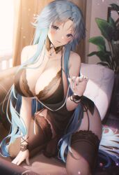 artist_request azur_lane bare_shoulders black_babydoll black_nails black_thighhighs blue_eyes blue_hair blush breasts cg cleavage collarbone couch detached_collar dress female garter_straps indoors kneeling large_breasts long_hair looking_at_viewer nail_polish official_alternate_costume parted_bangs smile solo sovetskaya_belorussiya_(azur_lane) sovetskaya_belorussiya_(relaxation_stratagem)_(azur_lane) strap_pull thighhighs thighs underwear very_long_hair wrist_cuffs
