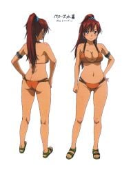 1girls ass bellows_(suisei_no_gargantia) big_breasts bikini blue_eyes breasts busty butt_crack child_bearing_hips cleavage concept_art earrings feet female female_only from_behind hand_on_hip hands_on_hips highres jewelry large_breasts legs long_hair looking_at_viewer multiple_views navel official_art orange_bikini ponytail pose posing red_hair scan sensual sexy sexy_pose sideboob smile solo suisei_no_gargantia swimsuit thighs voluptuous