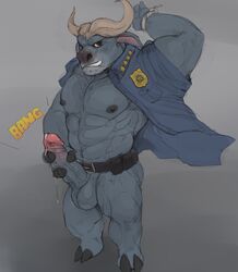 1boy abs anthro balls belt biceps big_muscles bottomless bound_arm bovine brown_eyes buffalo chief_bogo clothed clothing cum disney dripping erection fur grey_fur grey_nipples grin hand_behind_head handcuffs holding_penis horn humanoid_penis iceman1984 looking_at_viewer male male_only mammal masturbation muscular naughty_face nipples open_clothes open_shirt pecs penis police_officer police_uniform precum raised_arm retracted_foreskin shackles shirt smile solo sound_effects standing teeth uncut uniform vein veiny_penis zootopia