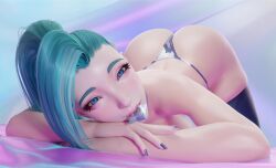 1girls 3d 3d_(artwork) akine ass ass_focus blender blue_eyes blue_hair breasts condom condom_in_mouth eyebrows eyelashes face_down_ass_up female female_focus female_only g-string huge_ass human human_female human_only k/da_all_out_seraphine k/da_all_out_series k/da_series league_of_legends light-skinned_female light_skin long_fingernails long_hair looking_at_viewer makeup nail_polish painted_nails partially_clothed pink_lipstick pinup ponytail riot_games seraphine_(league_of_legends) simple_background solo_female thick_thighs thighhighs thighs thong thong_bikini thong_only top-down_bottom-up