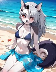 2025 ai_generated beach_background bikini black_nails blue_bikini blue_towel deviantart elryusam female_only flower_towel furry furry_female furry_only hands_on_sand looking_at_viewer loona_(helluva_boss) red_blush sea_background sitting_on_sand smile_at_viewer smiling_at_viewer teenage_girl vivziepop wet_body wet_face wet_fur wet_hair wet_head white_hair_female wolf_girl wolf_only youtube
