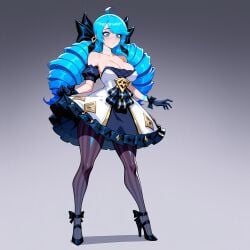 ahoge ai_generated bare_shoulders black_bow black_dress black_footwear black_gloves black_pantyhose black_sleeves blue_eyes blue_hair blush bow breasts cleavage clothing collarbone detached_sleeves dress drill_hair female frilled_dress frills full_body gloves gradient_background green_hair grey_background grey_dress gwen_(league_of_legends) hair_ornament hairbow high_heels large_breasts league_of_legends long_hair lunaart pantyhose puffy_short_sleeves puffy_sleeves short_sleeves solo standing strapless strapless_dress striped_clothes striped_pantyhose twin_drills twintails white_dress