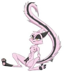 anthro blush breasts dreamkeepers female fluffy_tail fur long_tail low_res mammal masturbation navel nipples nude pink_fur pink_nose pussy signature simple_background solo unknown_artist vaginal_masturbation viriathus white_background