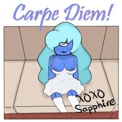 big_breasts blue_eyes blue_hair blue_skin breasts cleavage couch cyclops gem_(species) long_hair looking_at_viewer looking_up nipples nipples_visible_through_clothing petite photo_(object) queansapphy_(artist) sapphire_(steven_universe) seductive_look signature sitting smile steven_universe sundress thighhighs xoxo