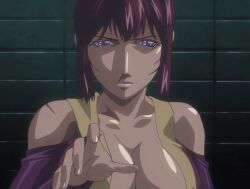 00s 1boy 1girls 2007 animated anime_screenshot bare_shoulders bible_black bible_black_new_testament breasts car cleavage female gloves helping holding_hands large_breasts lipstick long_sleeves makeup mature_female monk nun purple_eyes red_hair religious revealing_clothes shin_bible_black short_hair smile tagme takashiro_hiroko yuge_toru