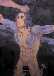2boys abs ayukisa balls beard_stubble biceps black_hair censor_bar censored censored_penis completely_nude duo ears_visible_through_hair eye_scar flaccid gay grabbing grabbing_hair injured irezumi kneeling like_a_dragon_(series) long_hair looking_at_another majima_goro male male/male male_only masculine mature_male messy_hair muscles muscular muscular_male navel nude pecs penis ryuu_ga_gotoku simple_coloring simple_shading six_pack skinny snake_tattoo tattoo tattoo_on_chest tattooed_arm tiled_floor tiled_wall torture tough_guy yakuza_(series) yaoi